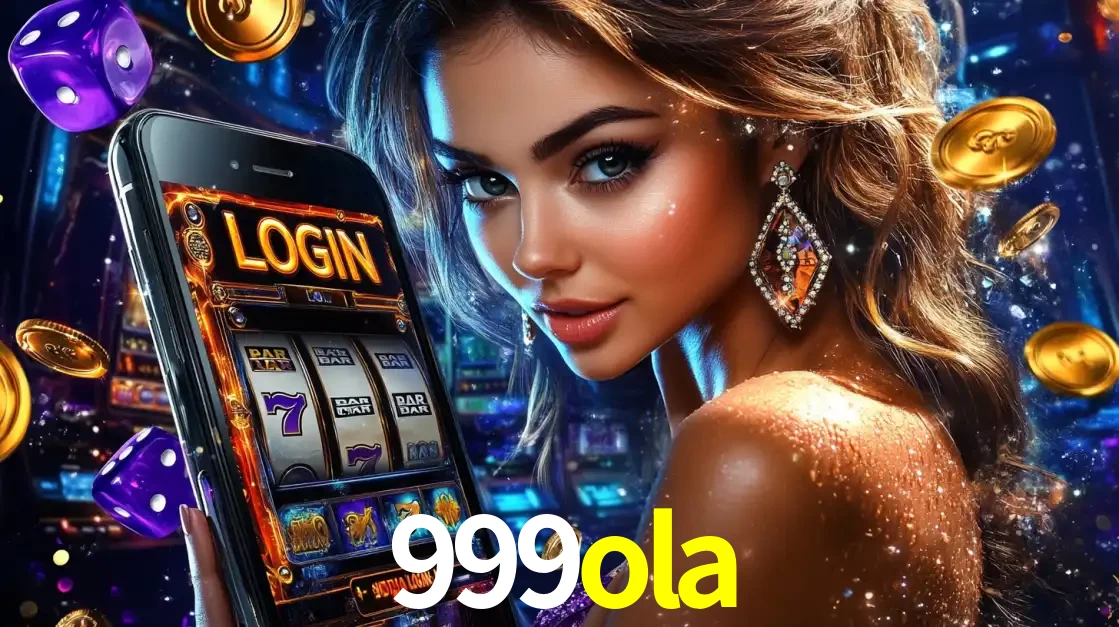 Mulher glamorosa segurando um smartphone com a tela de login para os jogos de caça-níqueis do cassino online 999ola, com moedas de ouro e dados ao redor.